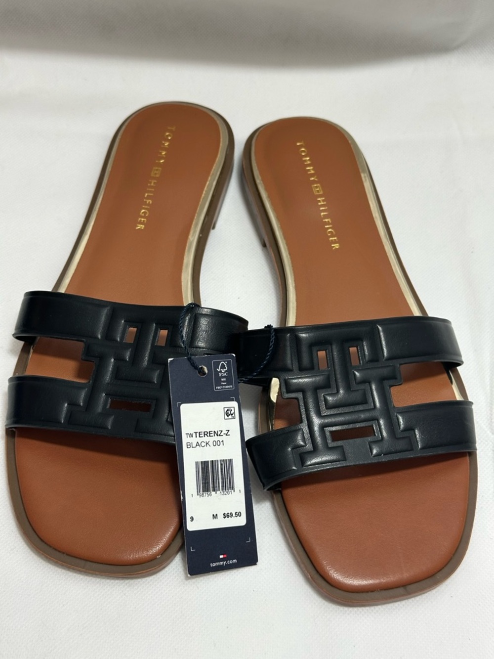 Tommy Hilfiger Tweren-Z Black Slide Sandals Women’s Size 9 Logo Cutout NWT